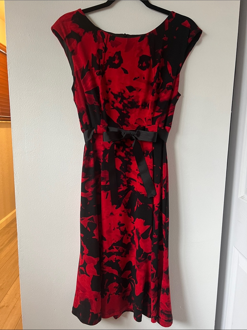 connected apparel Red and Black Floral Midi Dress with Bow